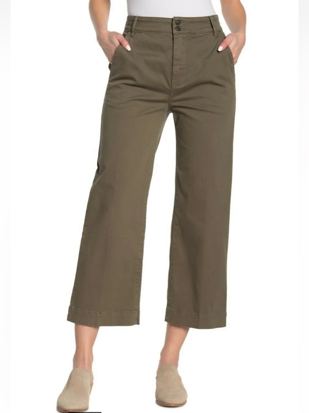Frame Denim Army Green Wide Leg Cotton Trouser Pants Cropped
